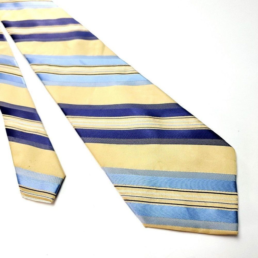 Perry Ellis Portfolio Yellow/Beige & Blue Silk Tie Woven Regimental‎